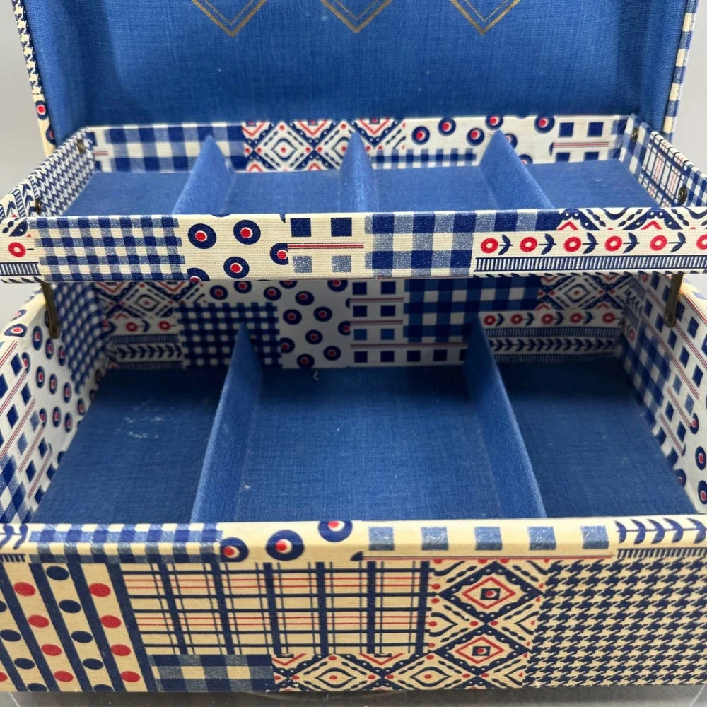 Buxton Vintage Jewelry Box Patchwork Geometric Print Organizer Blue Red USA